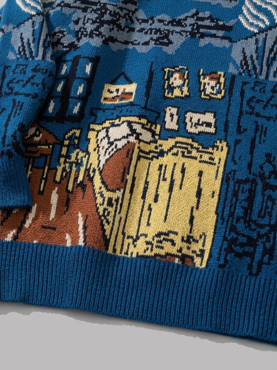 Greve Men's Painter's Portrait Jacquard Sweater — cobaltblue — detail-2