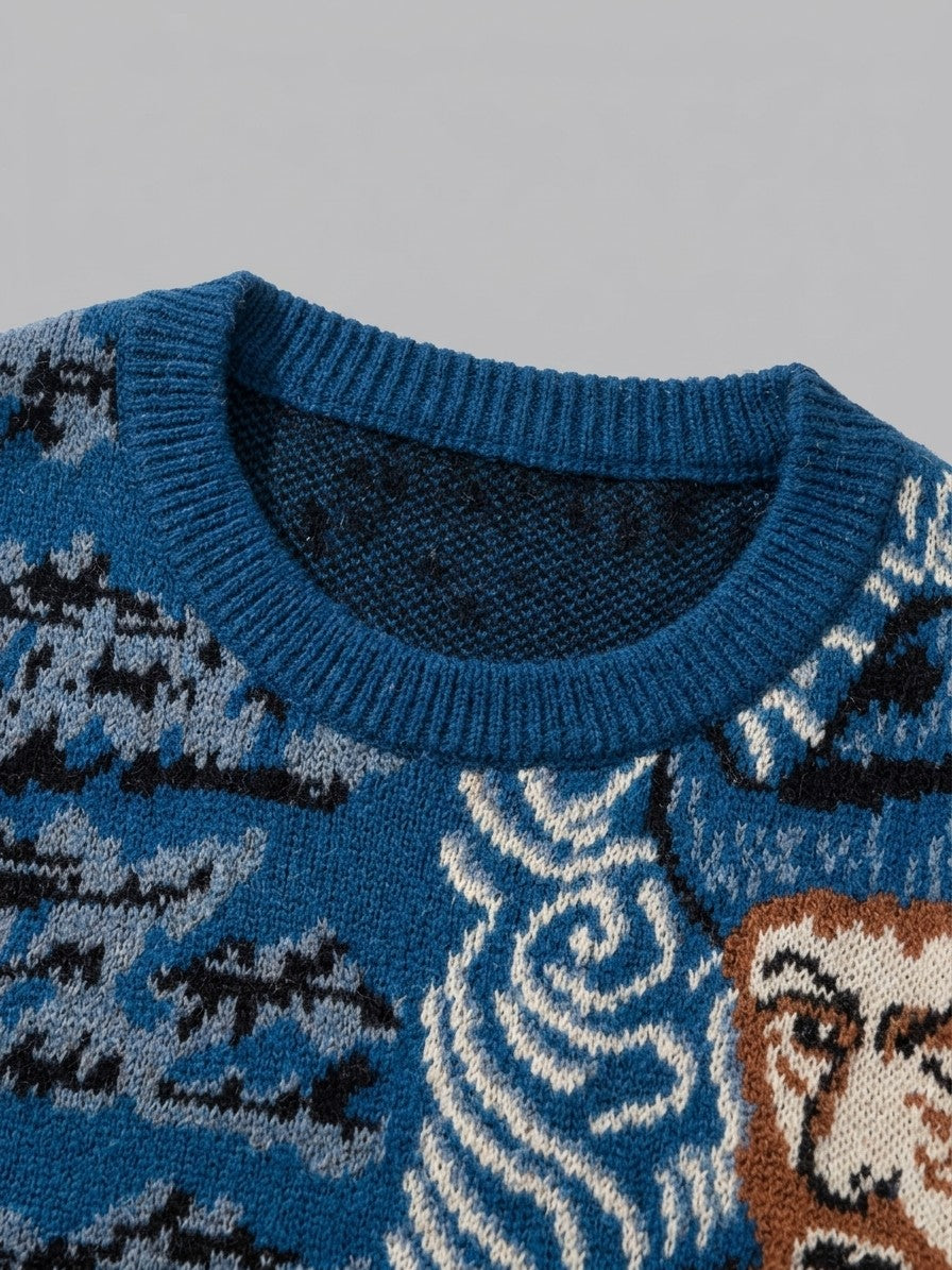 Greve Men's Painter's Portrait Jacquard Sweater — cobaltblue — detail-collar