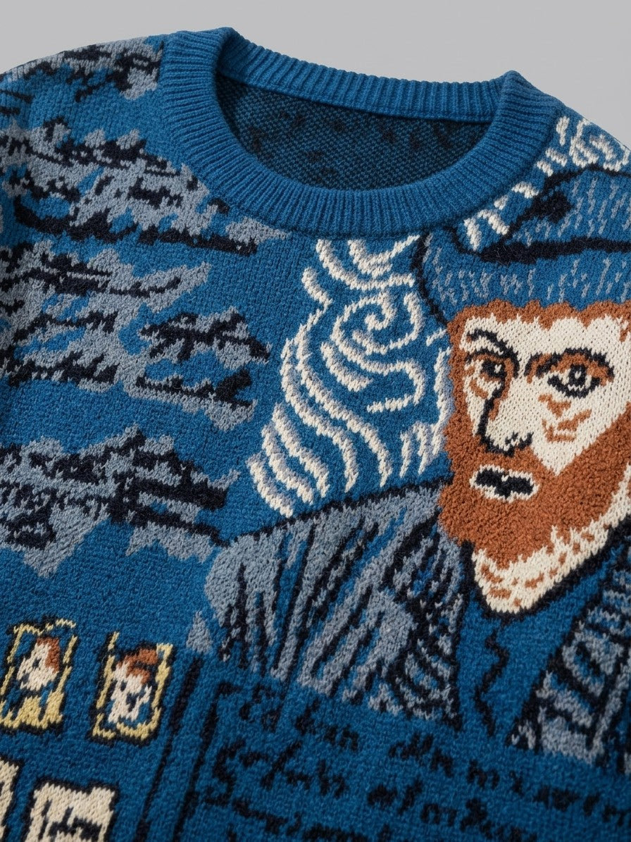 Greve Men's Painter's Portrait Jacquard Sweater — cobaltblue — detail