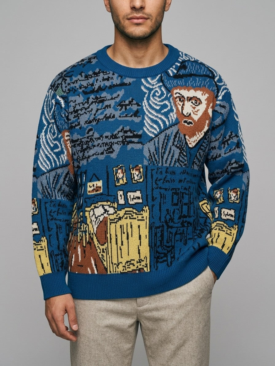 Greve Men's Painter's Portrait Jacquard Sweater — cobaltblue — front