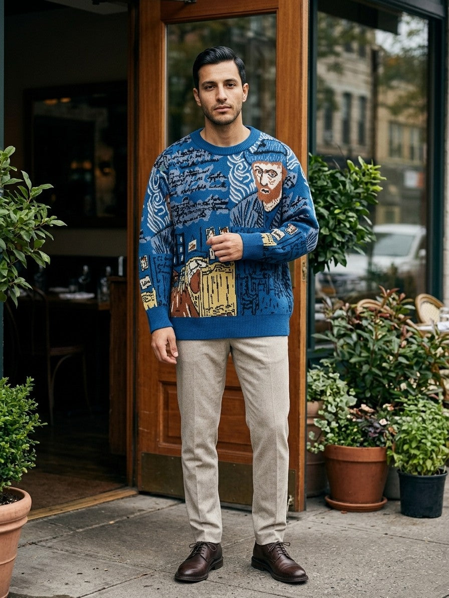 Greve Men's Painter's Portrait Jacquard Sweater — cobaltblue — lifestyle