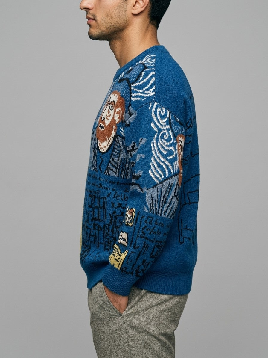 Greve Men's Painter's Portrait Jacquard Sweater — cobaltblue — side