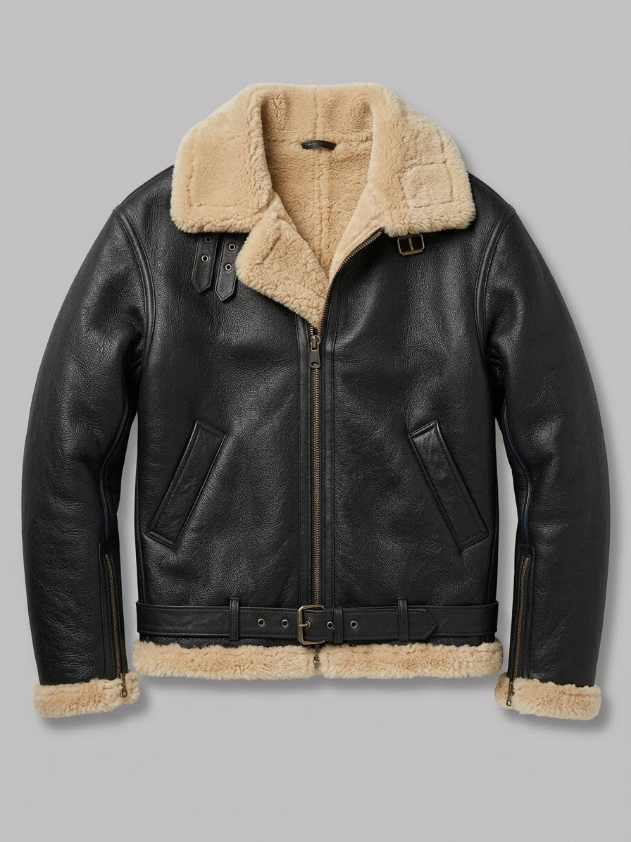 Grosseto Men's Belted Sherpa-Collar Aviator Jacket — black — packshot