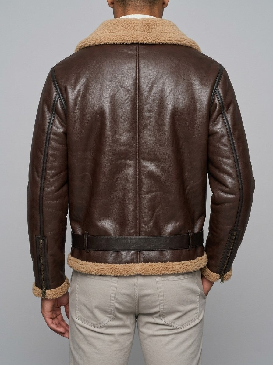 Grosseto Men's Belted Sherpa-Collar Aviator Jacket — brown — back