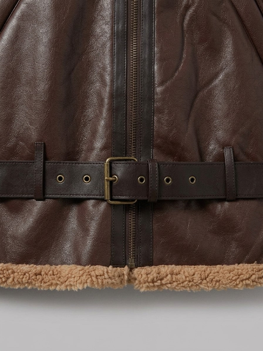 Grosseto Men's Belted Sherpa-Collar Aviator Jacket — brown — detail-2