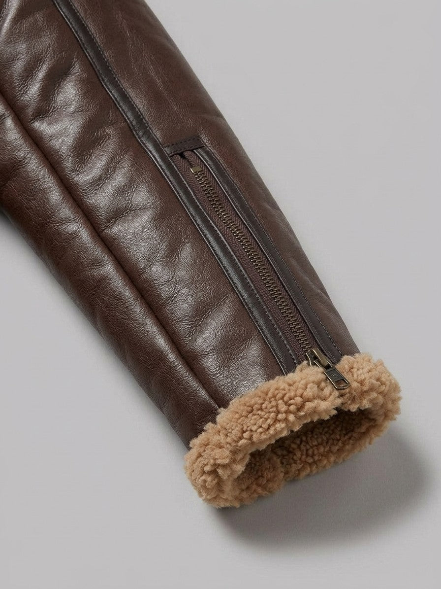 Grosseto Men's Belted Sherpa-Collar Aviator Jacket — brown — detail-collar