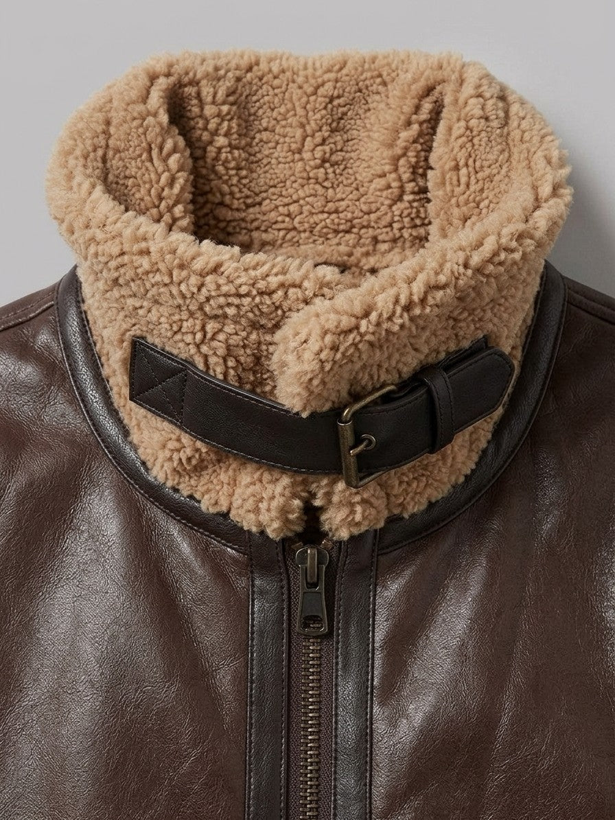 Grosseto Men's Belted Sherpa-Collar Aviator Jacket — brown — detail