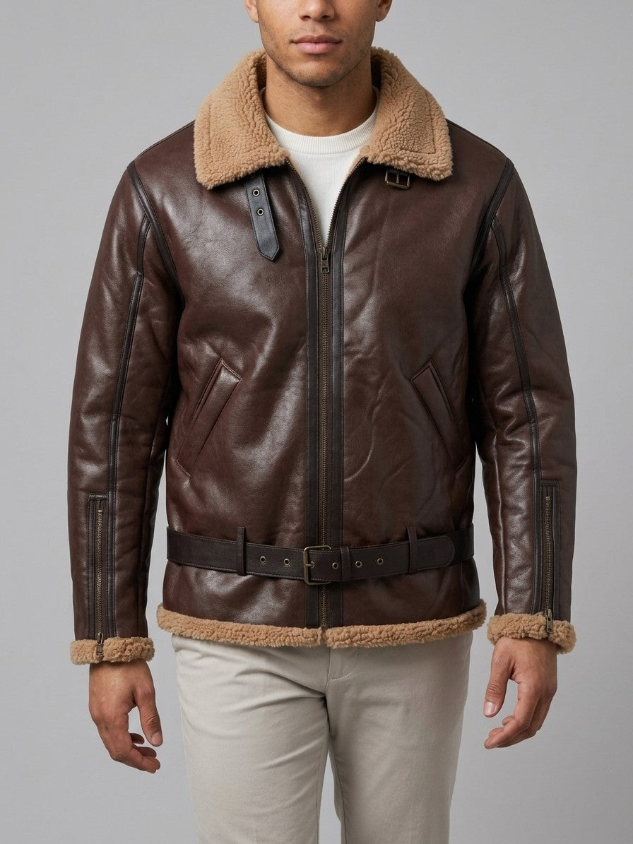 Grosseto Men's Belted Sherpa-Collar Aviator Jacket — brown — front