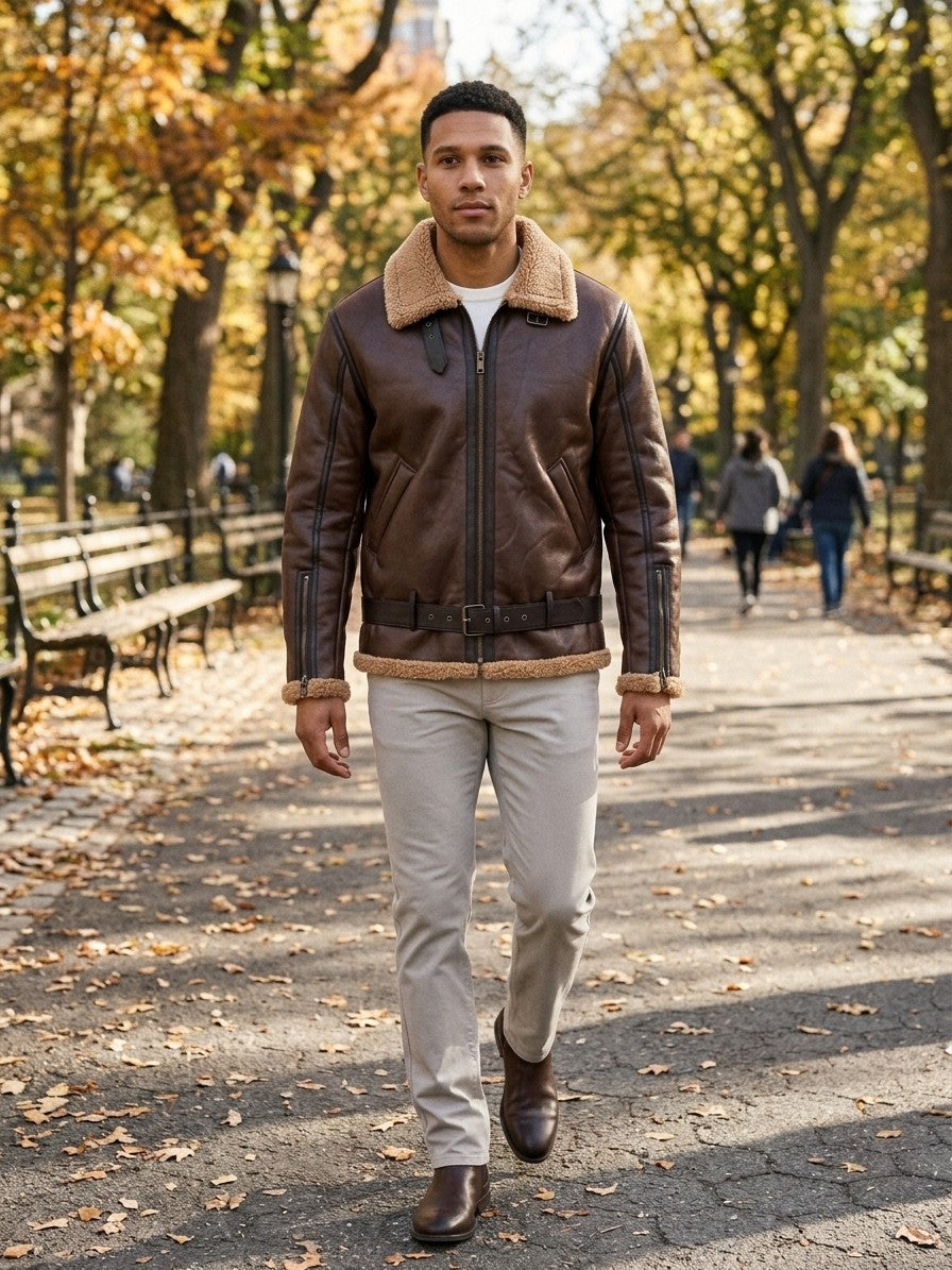 Grosseto Men's Belted Sherpa-Collar Aviator Jacket — brown — lifestyle