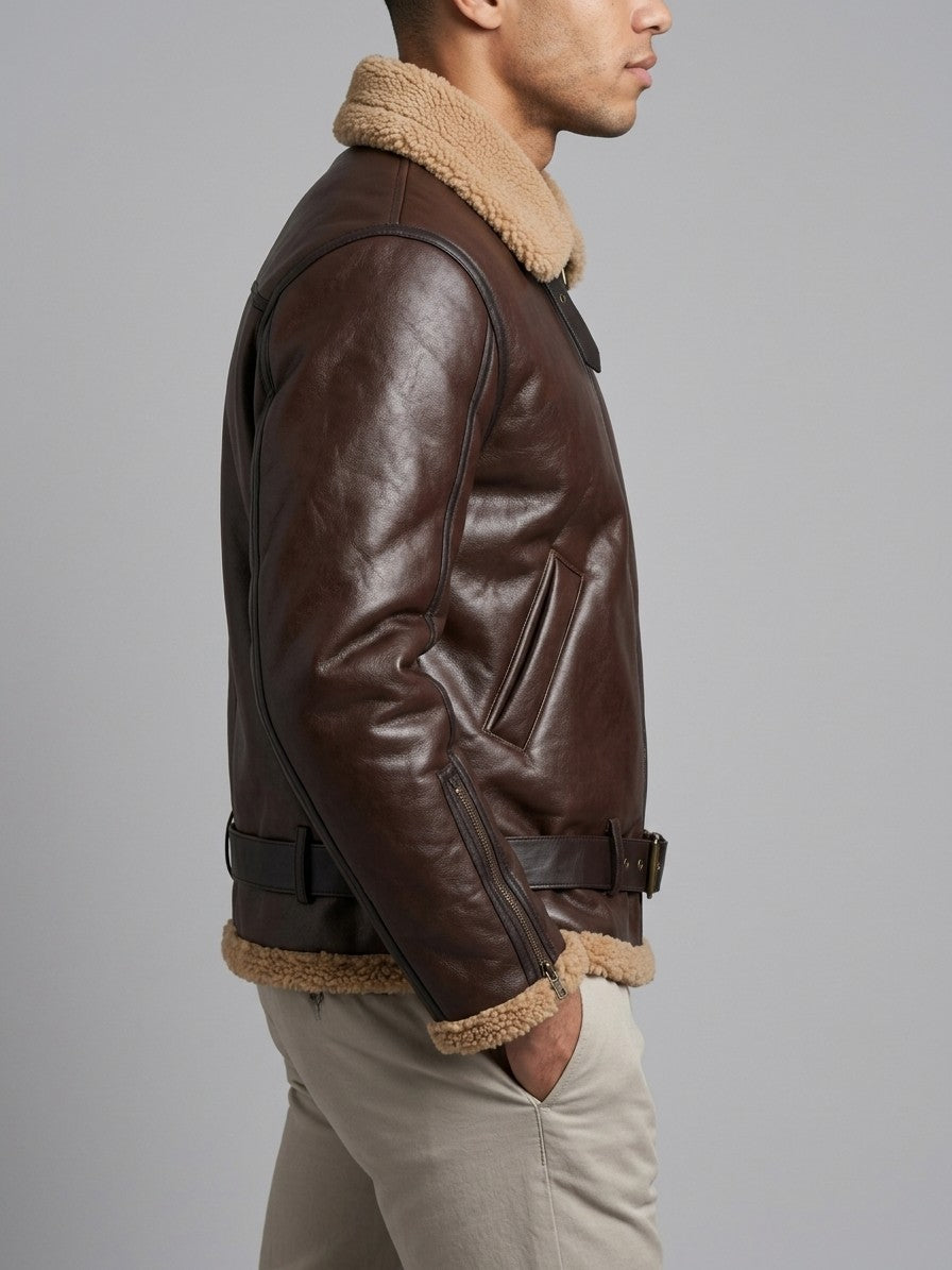 Grosseto Men's Belted Sherpa-Collar Aviator Jacket — brown — side