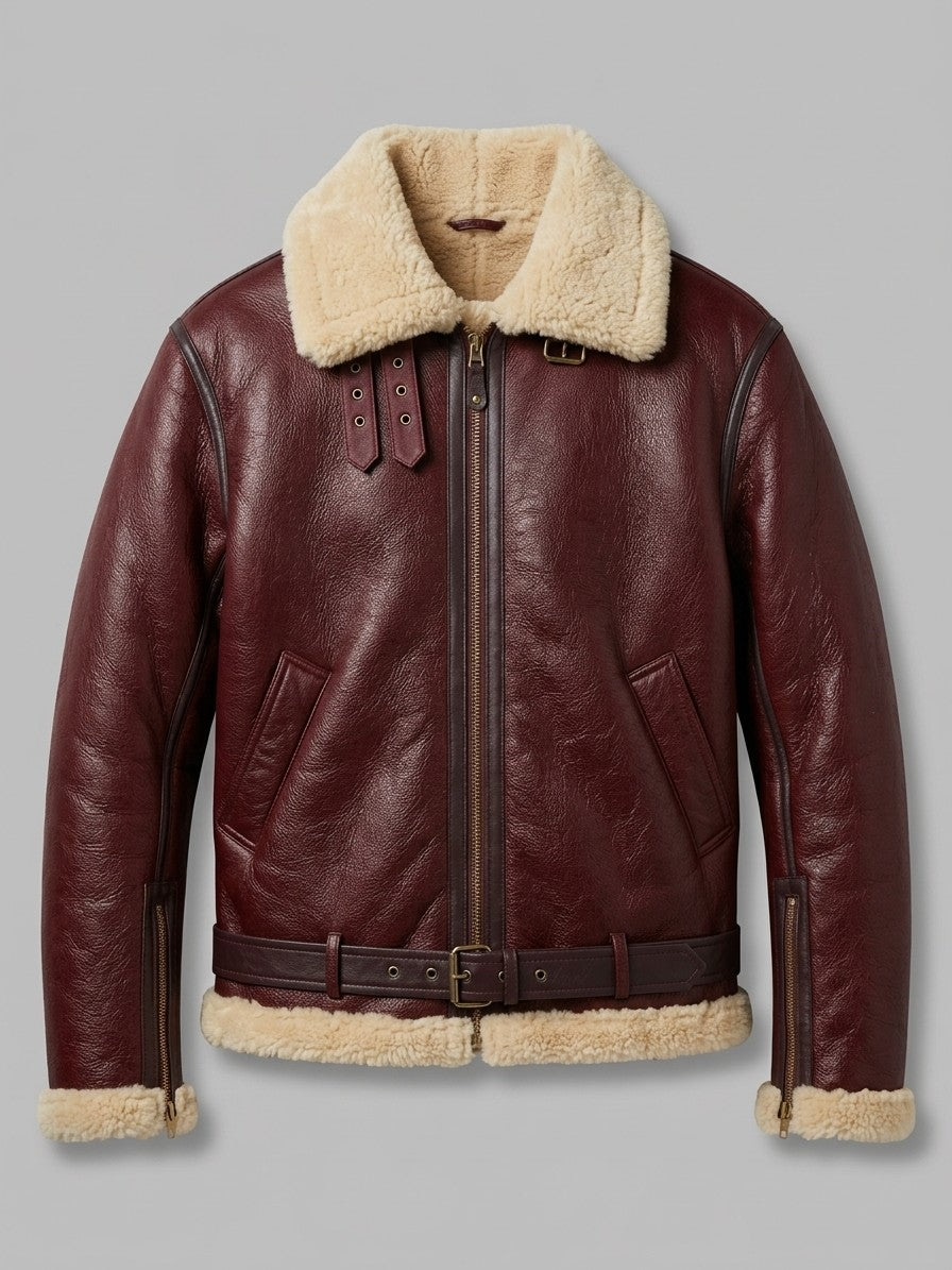 Grosseto Men's Belted Sherpa-Collar Aviator Jacket — burgundy — packshot
