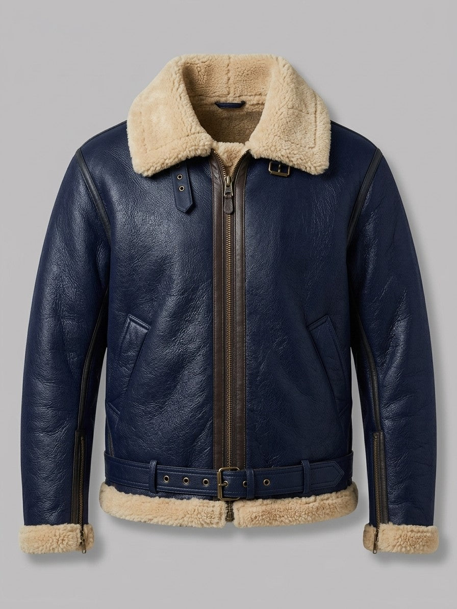 Grosseto Men's Belted Sherpa-Collar Aviator Jacket — navy — packshot