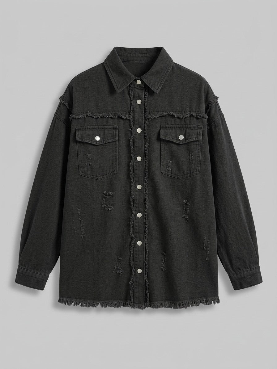 Grottammare Women's Oversized Frayed Denim Shacket — black — packshot