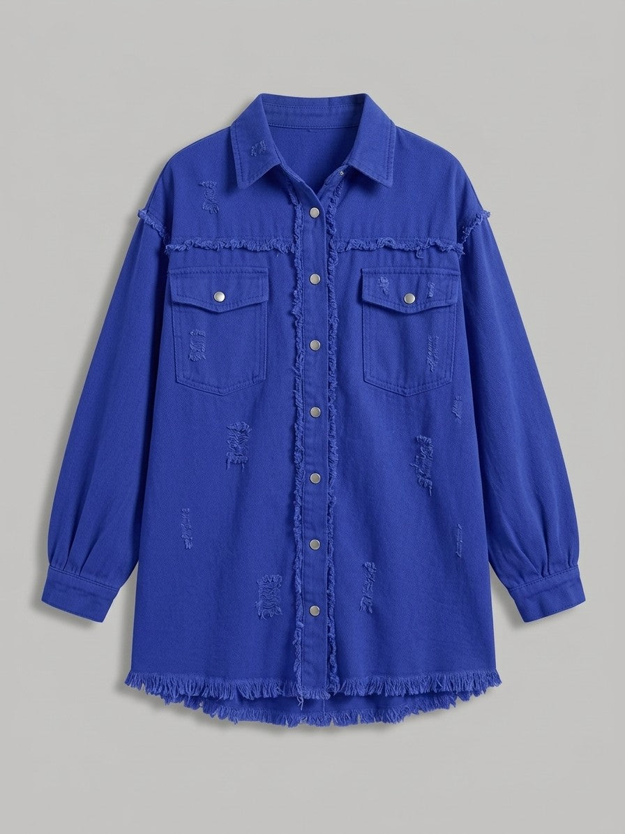 Grottammare Women's Oversized Frayed Denim Shacket — blue — packshot