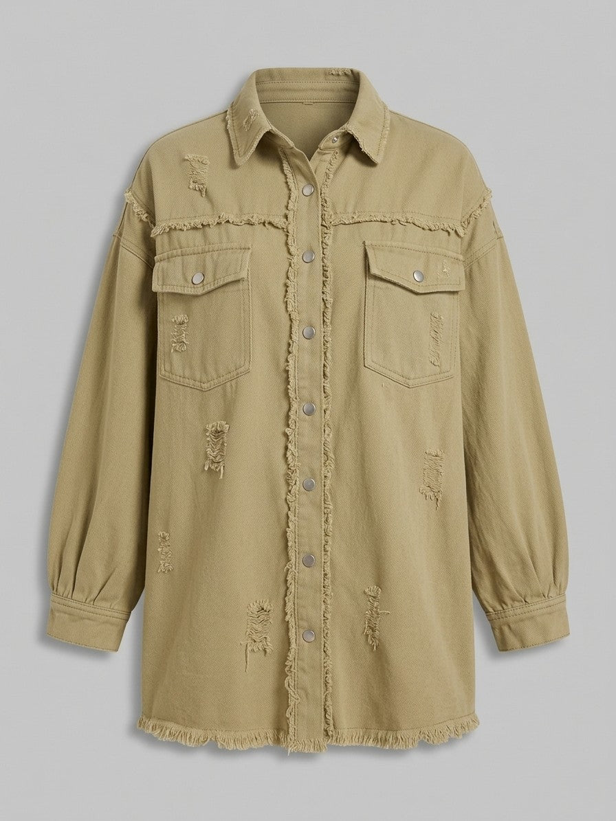 Grottammare Women's Oversized Frayed Denim Shacket — camel — packshot