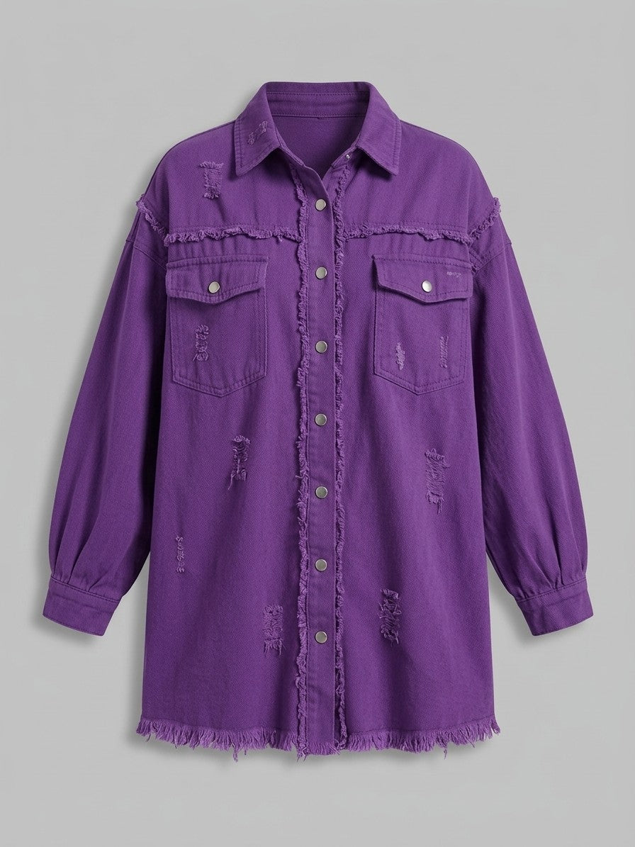 Grottammare Women's Oversized Frayed Denim Shacket — darkpurple — packshot
