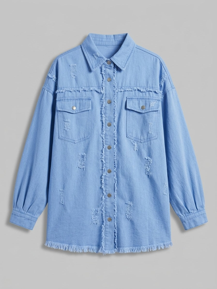 Grottammare Women's Oversized Frayed Denim Shacket — lightblue — packshot
