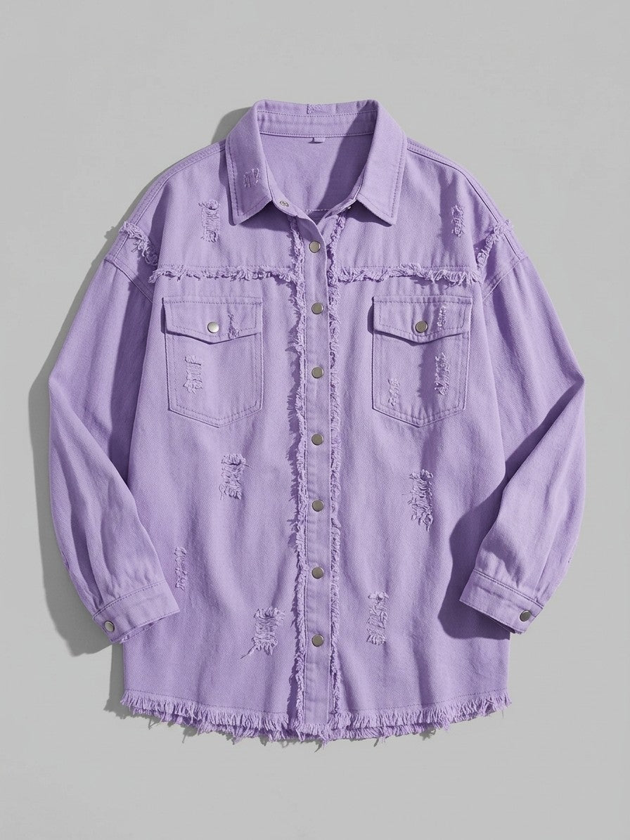 Grottammare Women's Oversized Frayed Denim Shacket — lightpurple — packshot
