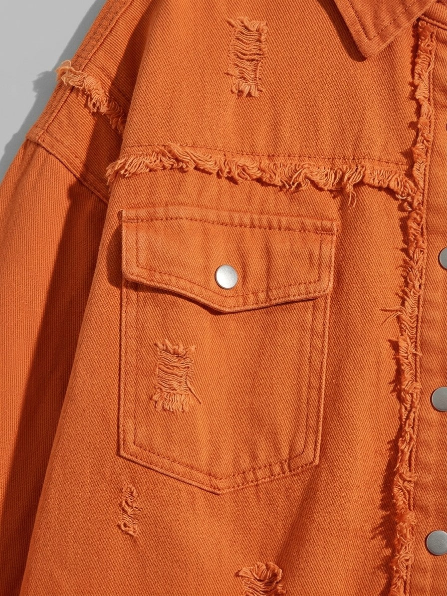 Grottammare Women's Oversized Frayed Denim Shacket — orange — detail-2