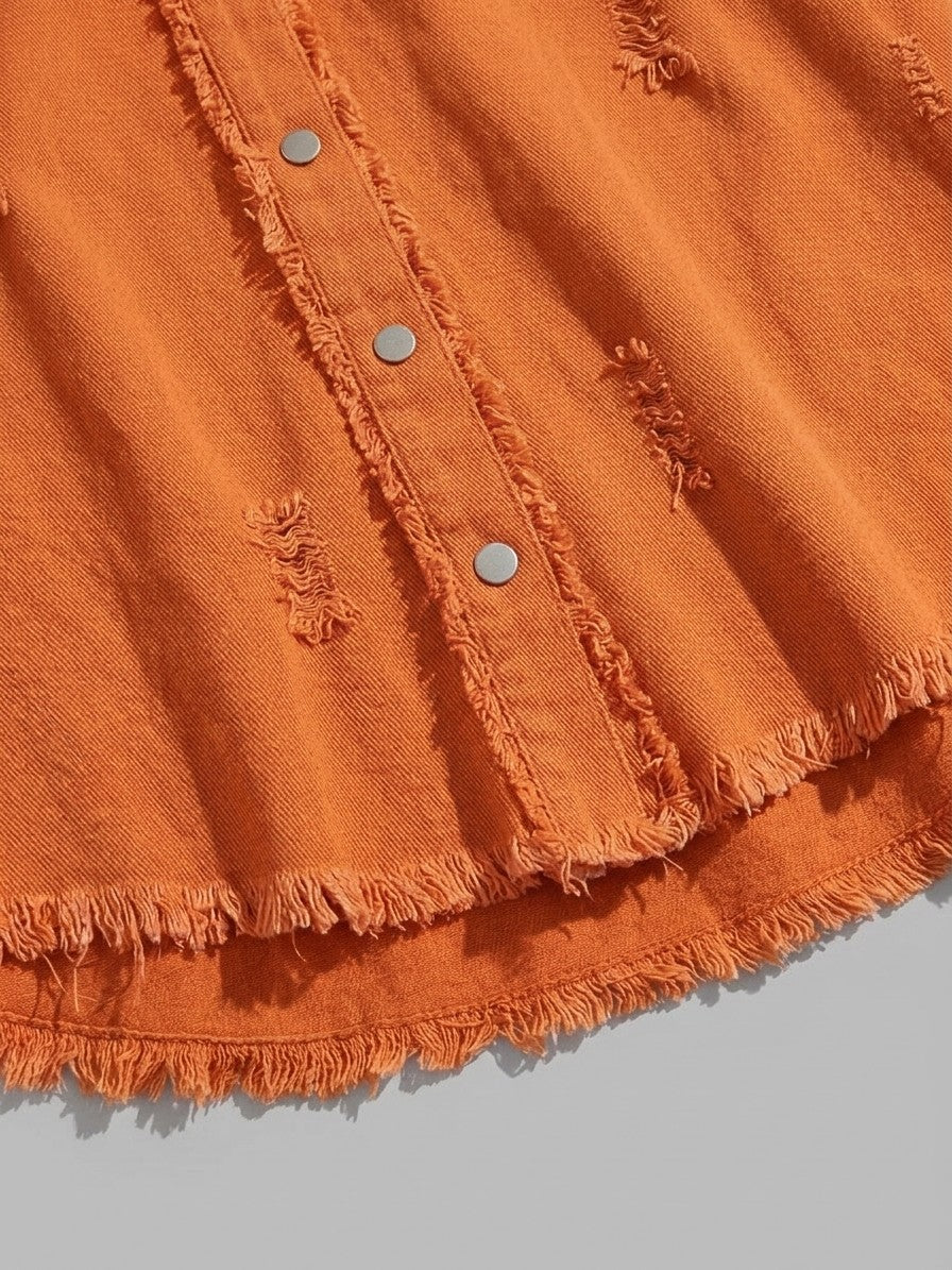 Grottammare Women's Oversized Frayed Denim Shacket — orange — detail-collar