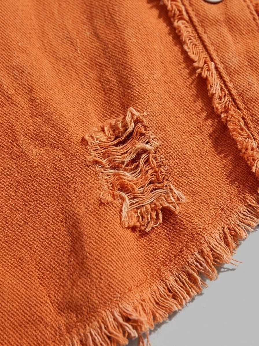 Grottammare Women's Oversized Frayed Denim Shacket — orange — detail