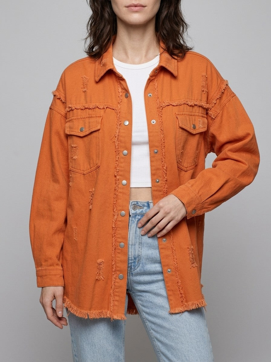 Grottammare Women's Oversized Frayed Denim Shacket — orange — front