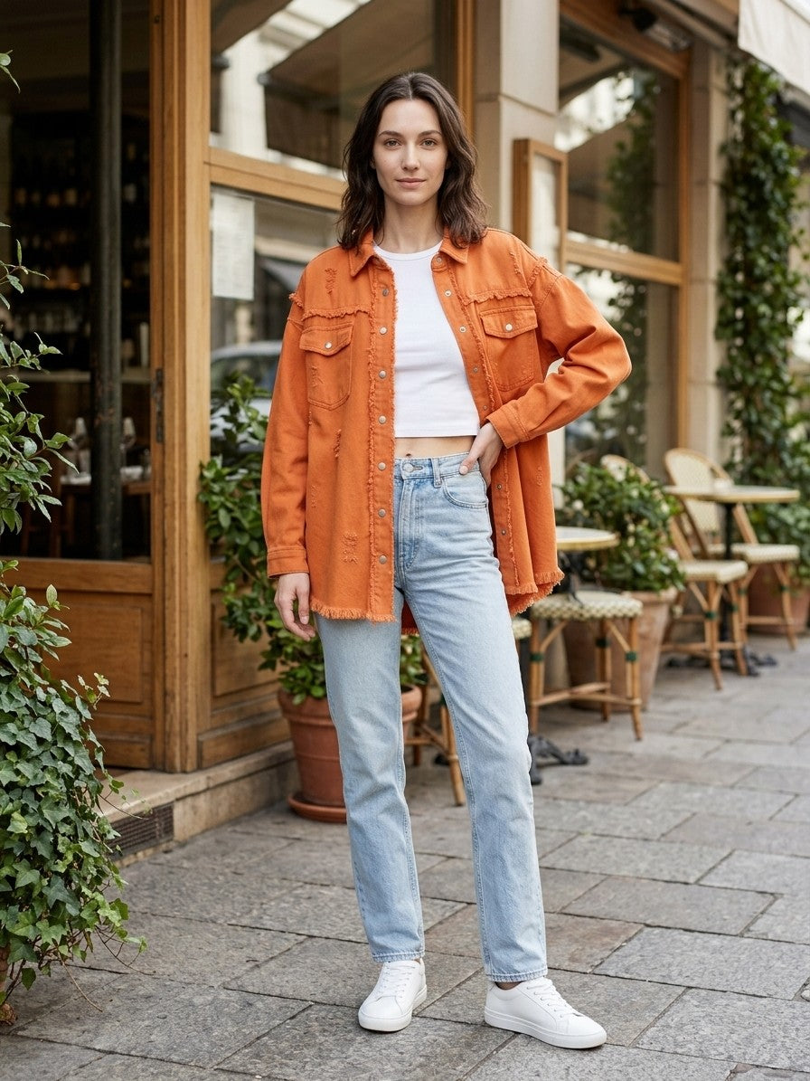 Grottammare Women's Oversized Frayed Denim Shacket — orange — lifestyle