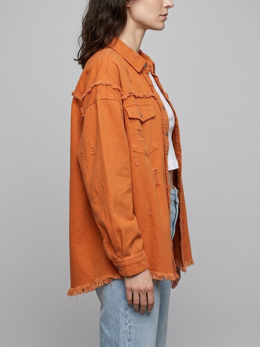 Grottammare Women's Oversized Frayed Denim Shacket — orange — side