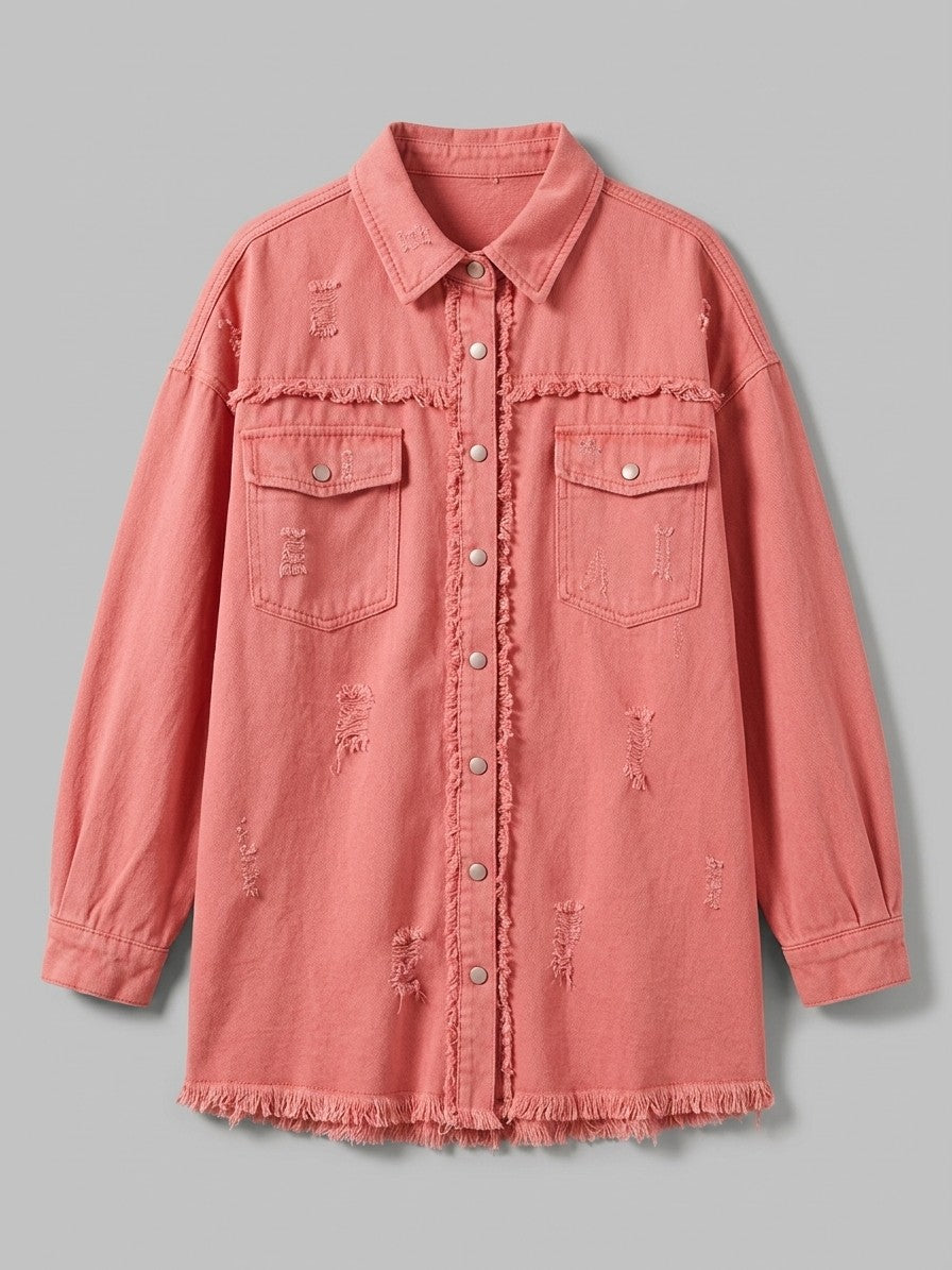 Grottammare Women's Oversized Frayed Denim Shacket — pink — packshot