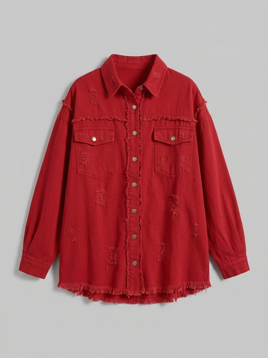 Grottammare Women's Oversized Frayed Denim Shacket — red — packshot