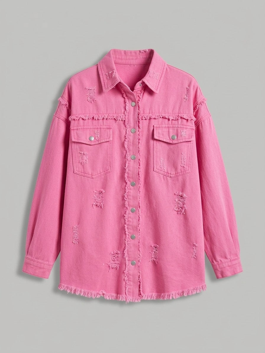Grottammare Women's Oversized Frayed Denim Shacket — rosered — packshot