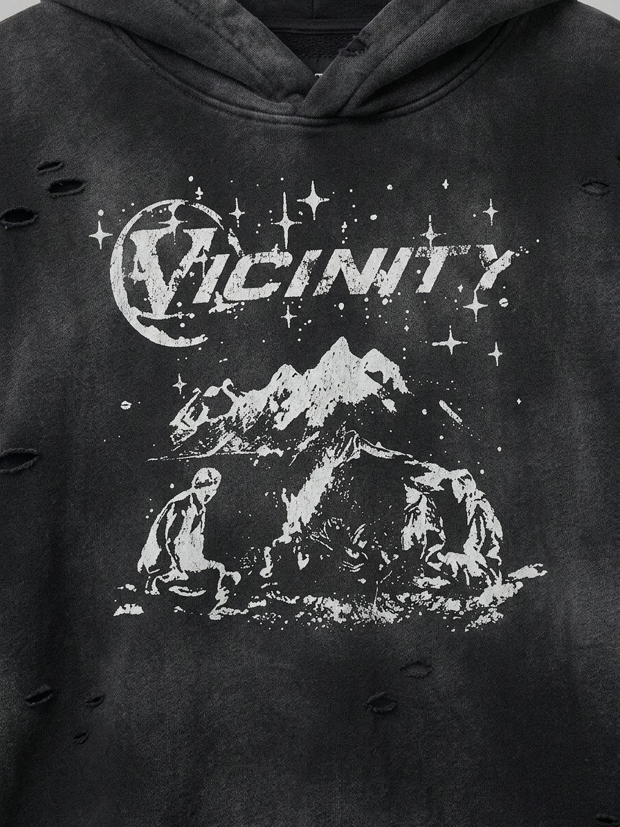 Guastalla Men's Distressed Starry Mountain Hoodie — black — detail