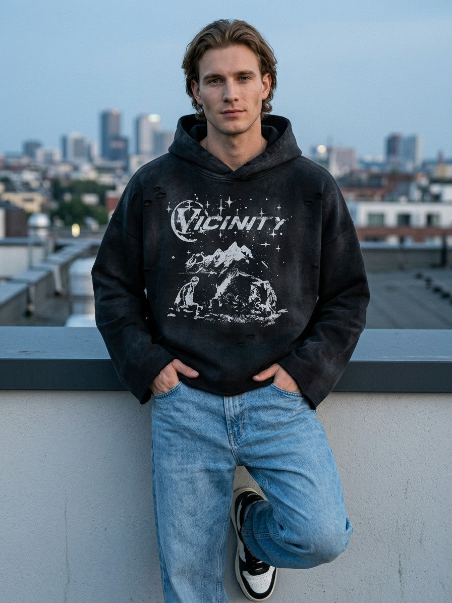 Guastalla Men's Distressed Starry Mountain Hoodie — black — lifestyle