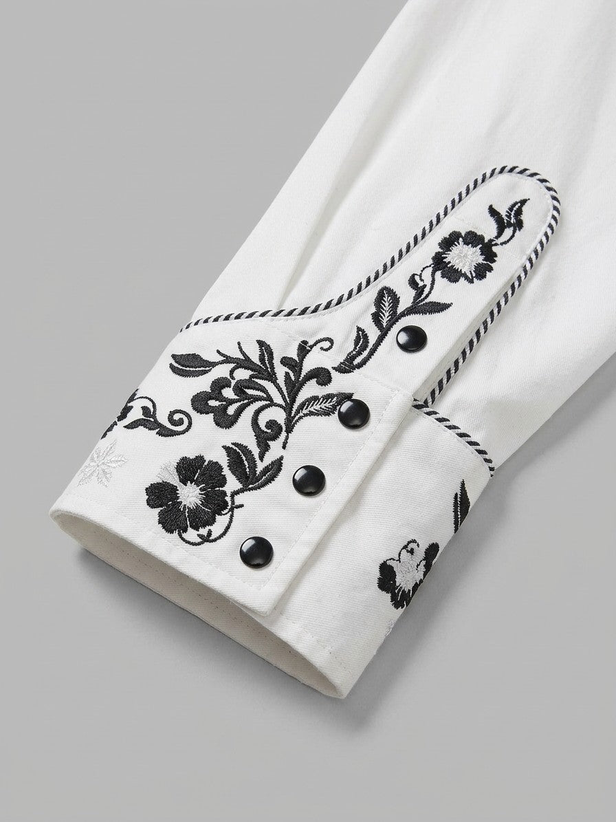 Iglesias Men's Floral Embroidered Western Shirt — white — detail-collar