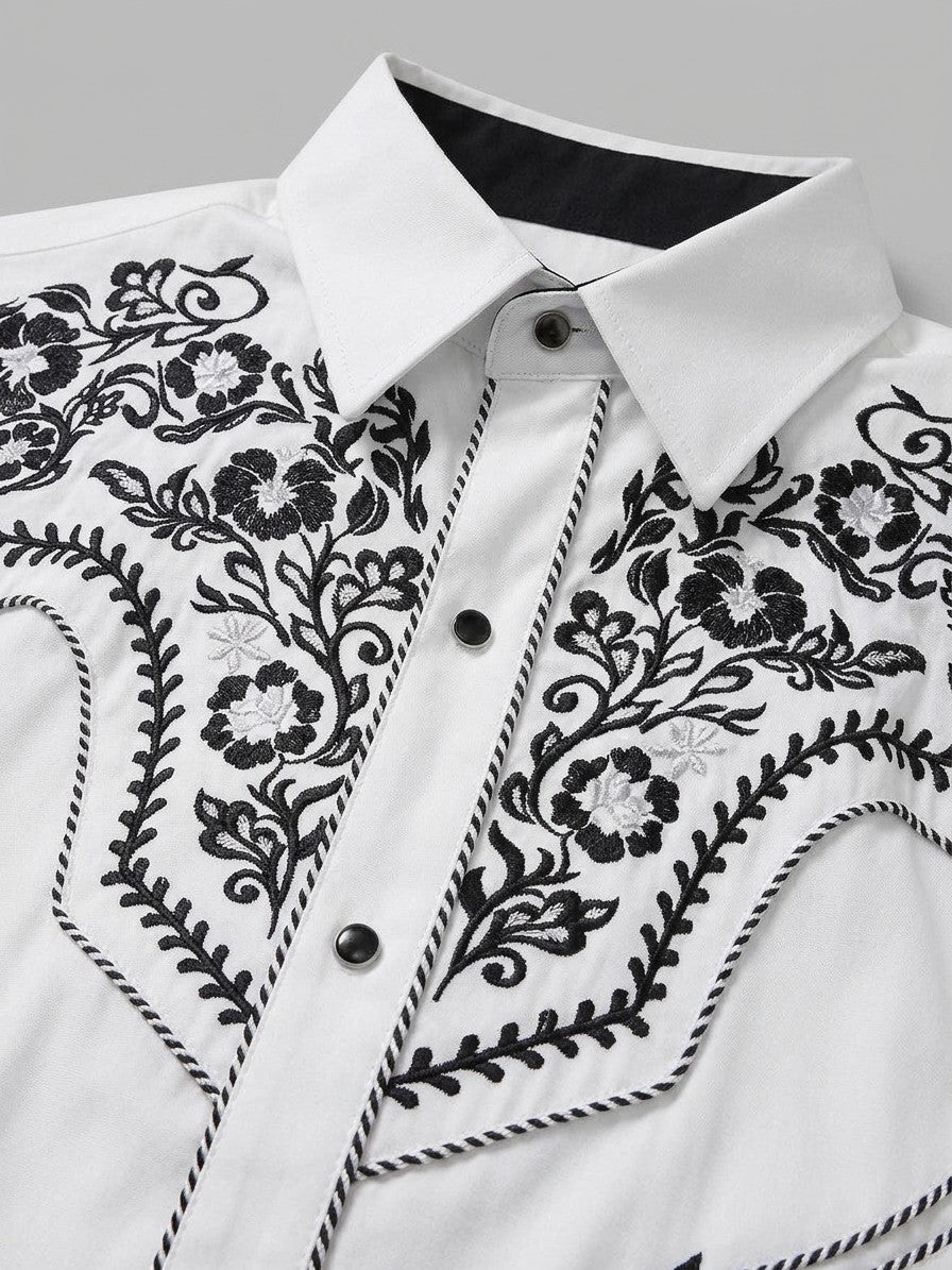 Iglesias Men's Floral Embroidered Western Shirt — white — detail