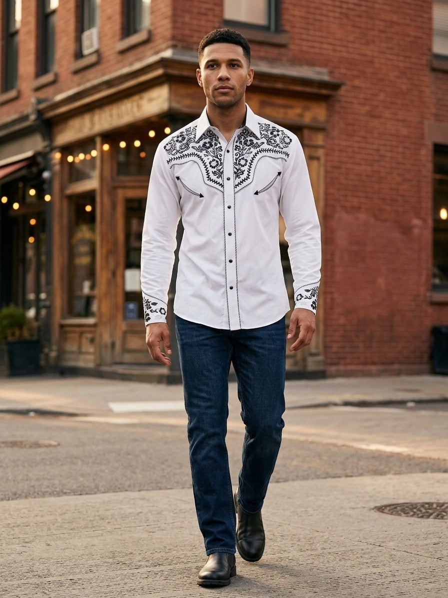 Iglesias Men's Floral Embroidered Western Shirt — white — lifestyle