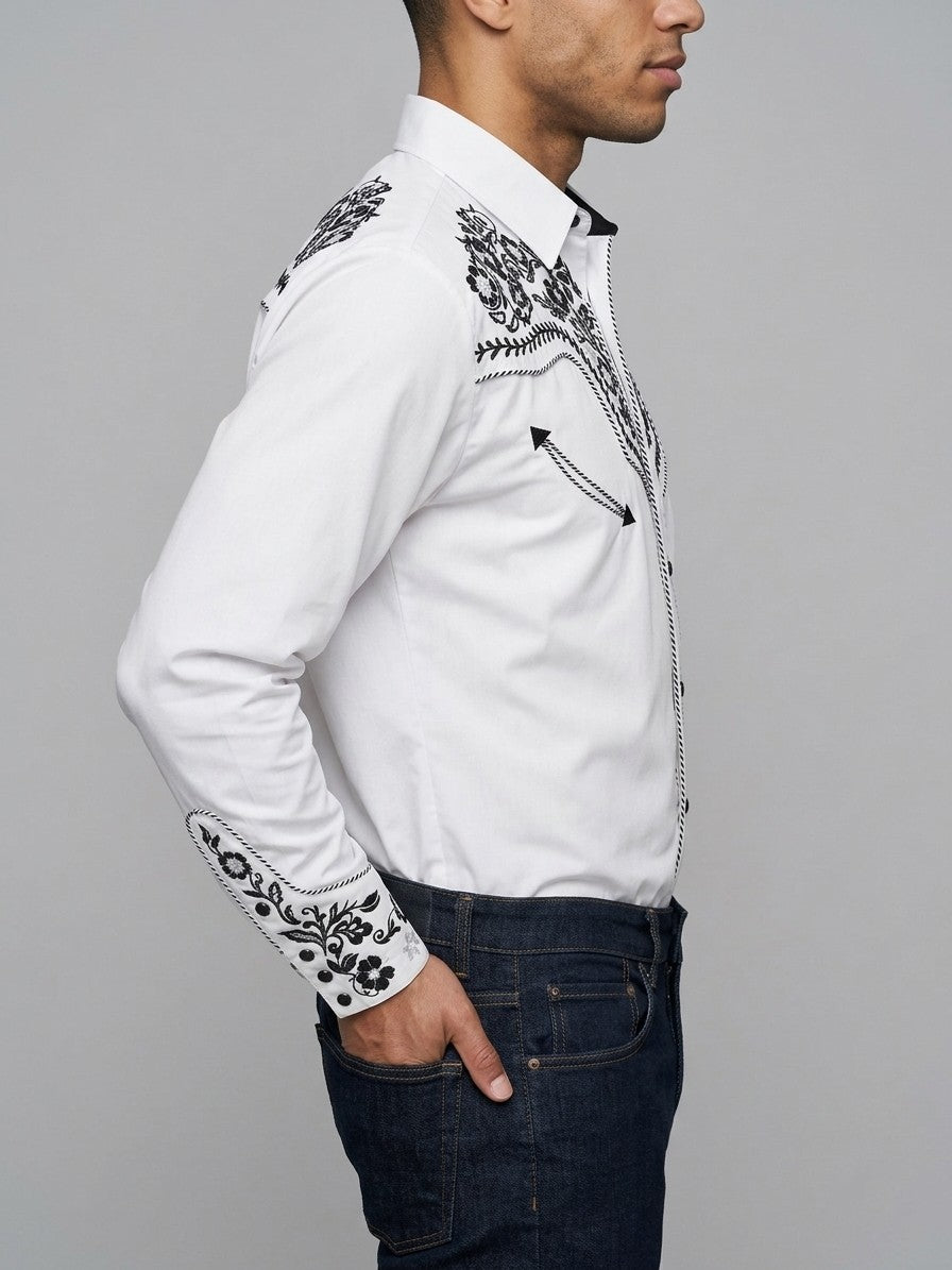Iglesias Men's Floral Embroidered Western Shirt — white — side