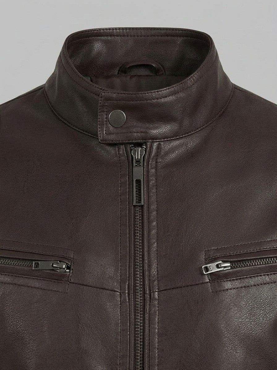 Imperia Men's Leather-Look Moto Jacket — brown — detail-collar