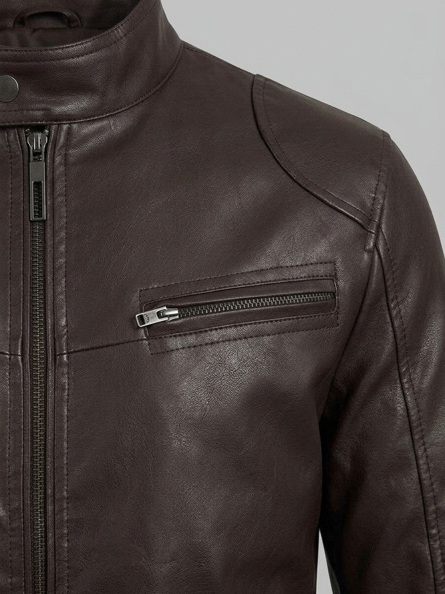 Imperia Men's Leather-Look Moto Jacket — brown — detail