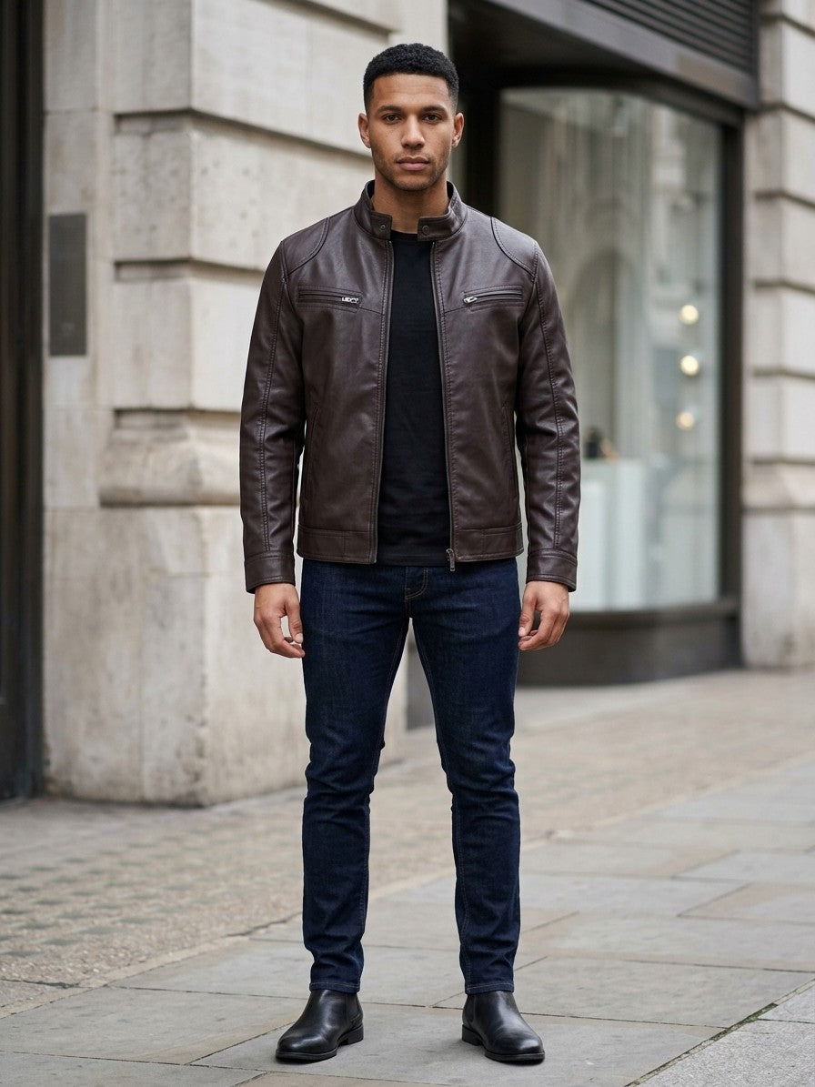 Imperia Men's Leather-Look Moto Jacket — brown — lifestyle