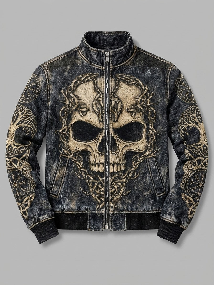 Inverigo Men's Norse-Print Denim-Look Bomber Jacket — blackskull — packshot