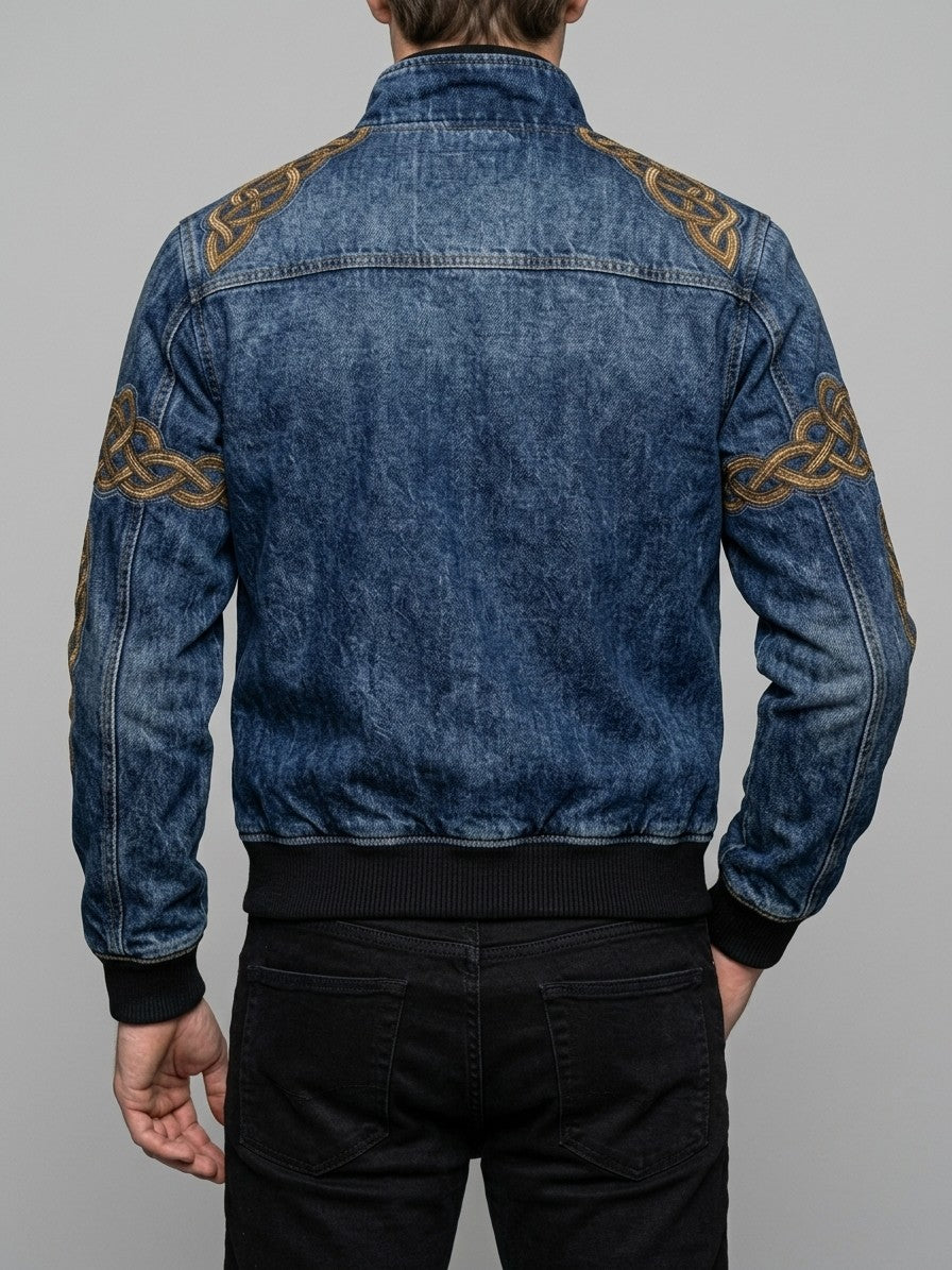 Inverigo Men's Norse-Print Denim-Look Bomber Jacket — bluecelticknot — back