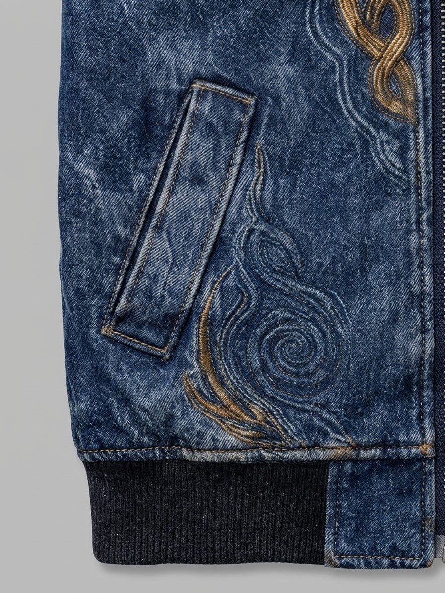 Inverigo Men's Norse-Print Denim-Look Bomber Jacket — bluecelticknot — detail-2