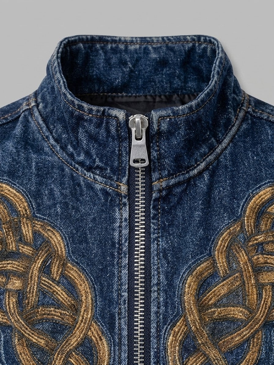 Inverigo Men's Norse-Print Denim-Look Bomber Jacket — bluecelticknot — detail
