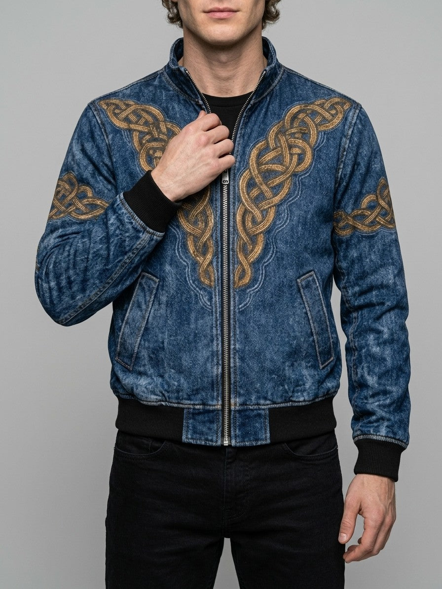 Inverigo Men's Norse-Print Denim-Look Bomber Jacket — bluecelticknot — front