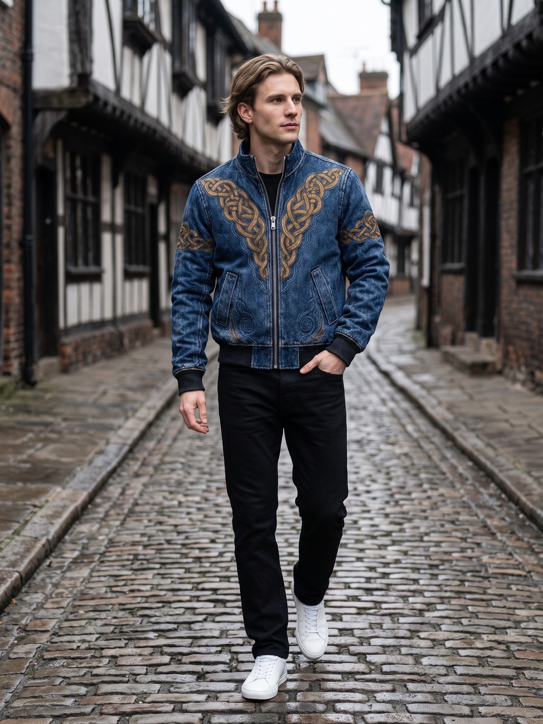 Inverigo Men's Norse-Print Denim-Look Bomber Jacket — bluecelticknot — lifestyle
