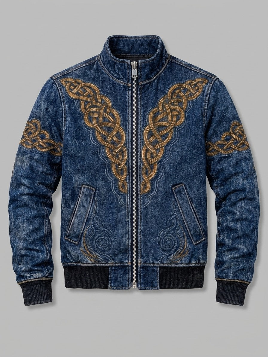 Inverigo Men's Norse-Print Denim-Look Bomber Jacket — bluecelticknot — packshot