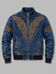 Inverigo Men's Norse-Print Denim-Look Bomber Jacket