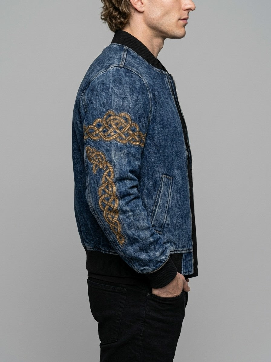 Inverigo Men's Norse-Print Denim-Look Bomber Jacket — bluecelticknot — side