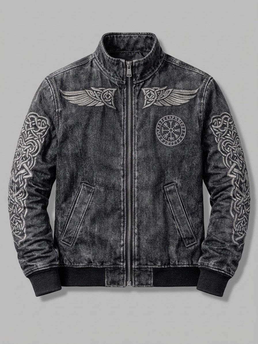 Inverigo Men's Norse-Print Denim-Look Bomber Jacket — greycompass — packshot